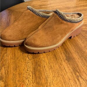 Anne Klein Brown Suede Mules with Chain Detail